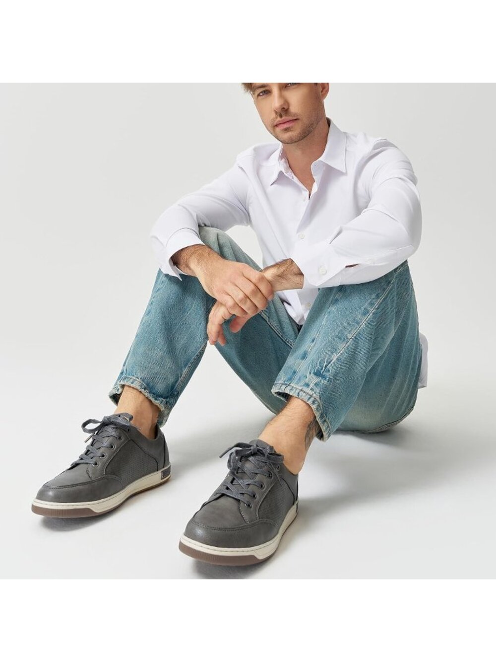 Men's Grey Coated Leather Comfortable Business Sneakers Casual Shoes - Picture 4 of 6